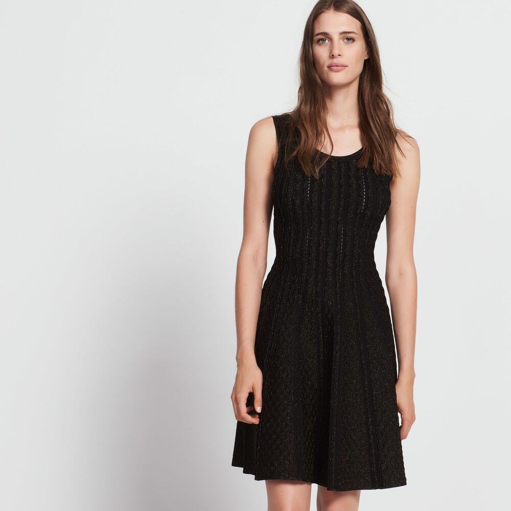 Sandro Moon Shimmer Dress Metallic Ribbed Knit Sz Medium Black Gold Chic French‎